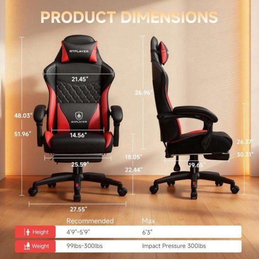 Chaise GTPLAYER Gaming Double Dossier Dorsal Repose-pieds Rouge