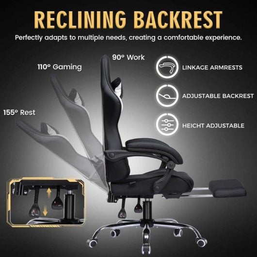 Silla Gaming GTPLAYER Ergonómica con Masaje Lumbar y Reposapiés 150 kg - Negra