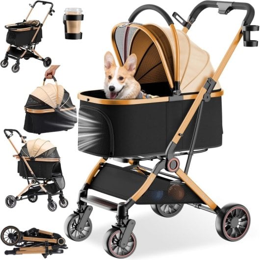 Gtplayer Carrito Para Mascotas 4 En 1 Plegable 25kg 360° Ventana Dosel Portavasos - Dorado