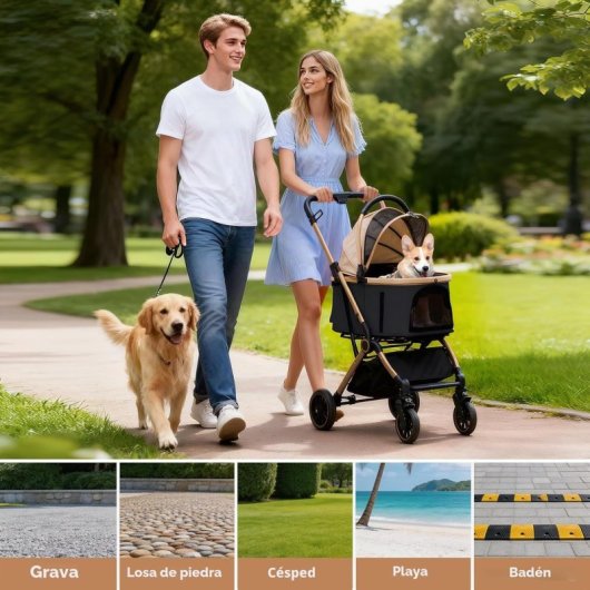 Gtplayer Carrito Para Mascotas 4 En 1 Plegable 25kg 360° Ventana Dosel Portavasos - Dorado