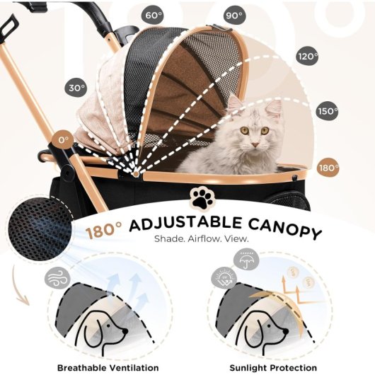 Gtplayer Carrito Para Mascotas 4 En 1 Plegable 25kg 360° Ventana Dosel Portavasos - Dorado