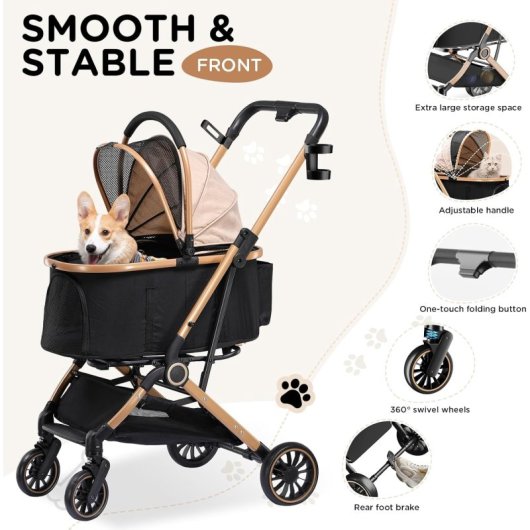 Gtplayer Carrito Para Mascotas 4 En 1 Plegable 25kg 360° Ventana Dosel Portavasos - Dorado