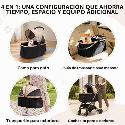 Gtplayer Carrito Para Mascotas 4 En 1 Plegable 25kg 360° Ventana Dosel Portavasos - Dorado