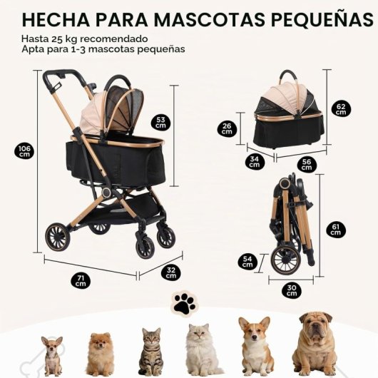 Gtplayer Carrito Para Mascotas 4 En 1 Plegable 25kg 360° Ventana Dosel Portavasos - Dorado