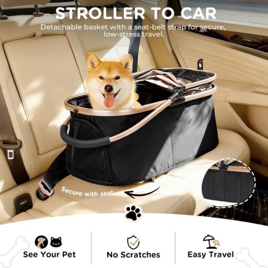 Gtplayer Carrito Para Mascotas 4 En 1 Plegable 25kg 360° Ventana Dosel Portavasos - Dorado