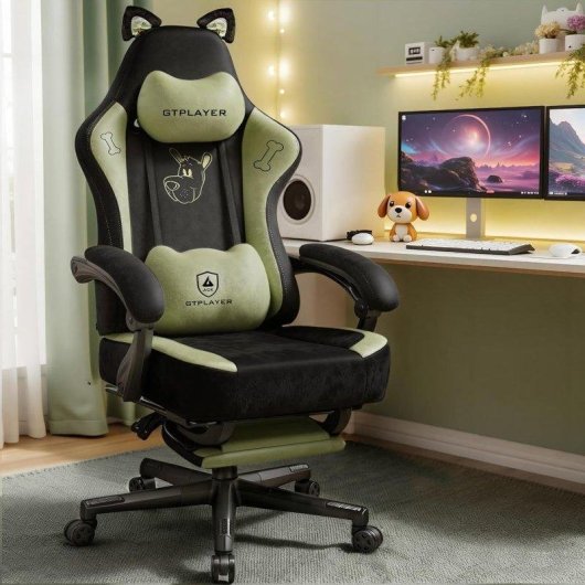 Silla gaming GTPLAYER con orejas de gato, terciopelo, reposapiés y soporte lumbar
