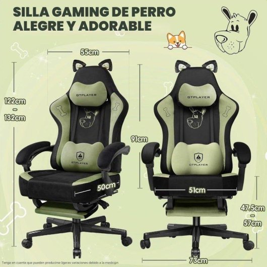 Silla gaming GTPLAYER con orejas de gato, terciopelo, reposapiés y soporte lumbar