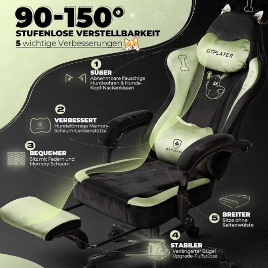 Silla gaming GTPLAYER con orejas de gato, terciopelo, reposapiés y soporte lumbar