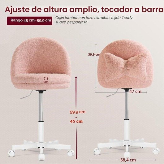 Chaise de bureau GTPLAYER réglable sans accoudoirs avec dossier en peluche rose