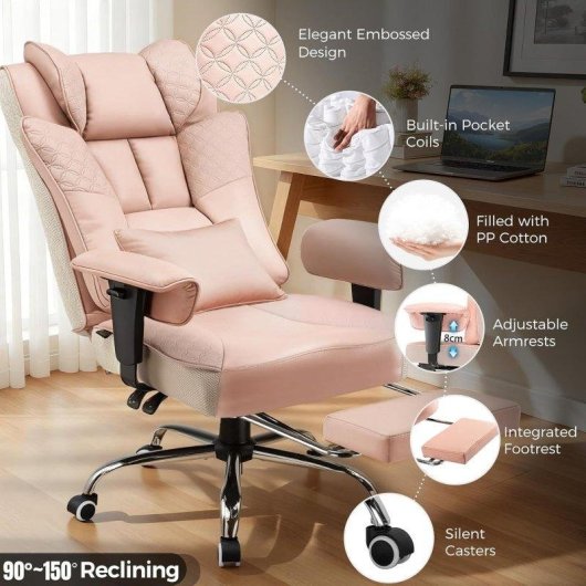 Silla Gaming Ergonómica GTPLAYER con Reposapiés Retráctil y Reclinable 150° Rosa