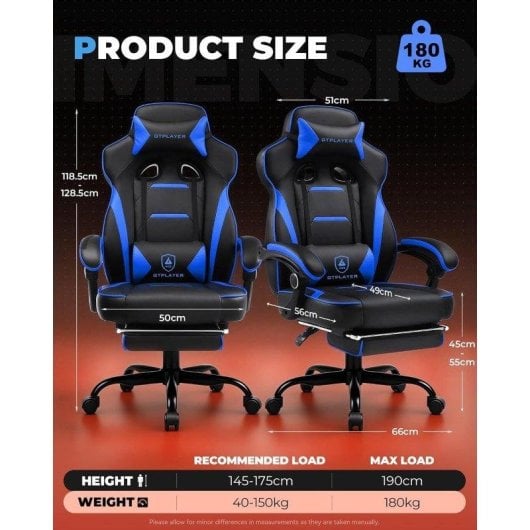 Chaise de jeu ergonomique GTPLAYER avec repose-pieds et accoudoirs synchronisés, soutien lombaire