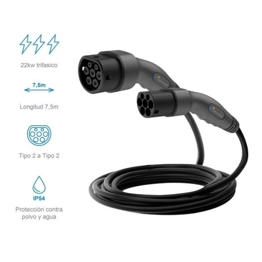 Cable de carga coche eléctrico Nivian Tipo 2 a Tipo 2 22kW trifásico 32A 7,5m