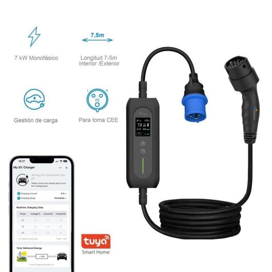 Cargador portátil Nivian para Vehículo Eléctrico Tipo 2 7kW 32A 7,5m