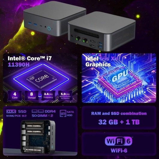Mini PC Welltin H90 Intel Core i7 11390H 32GB 1TB SSD Iris Xe Windows 11 Pro Triplo Schermo