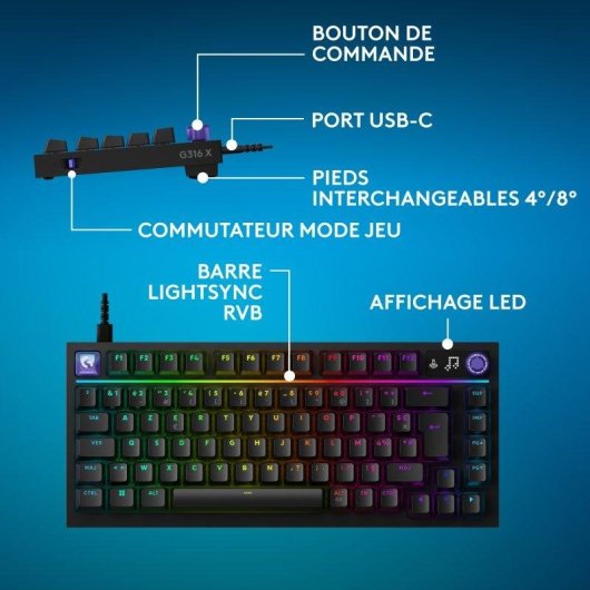 Clavier Logitech G316 X 75% avec écran LED, switches tactiles interchangeables et RGB LIGHTSYNC