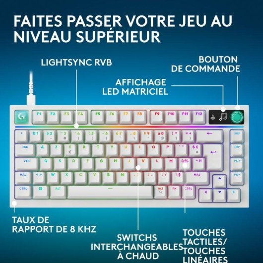 Clavier Logitech G316 X 75 compact réactivité 8 kHz RGB avec switches tactiles interchangeables touches PBT