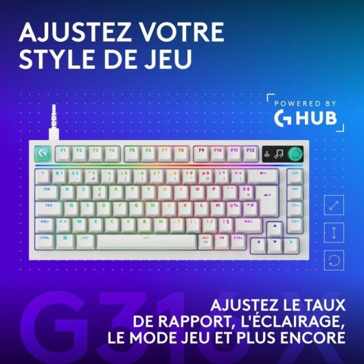 Clavier Logitech G316 X 75 compact réactivité 8 kHz RGB avec switches tactiles interchangeables touches PBT