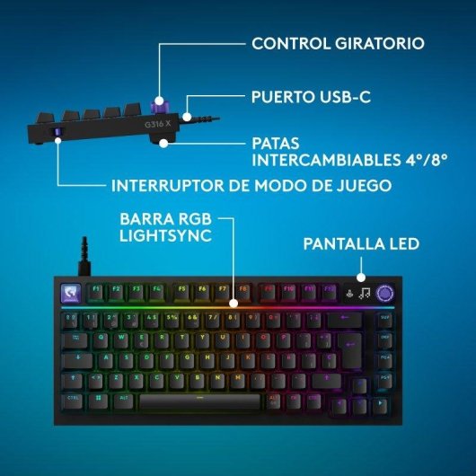 Teclado Logitech G316 X mecánico con interruptores intercambiables y RGB LIGHTSYNC negro