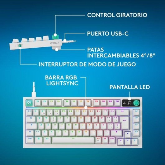 Teclado Logitech G316 X mecánico con interruptores intercambiables y RGB LIGHTSYNC blanco