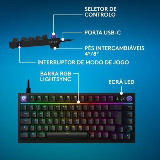 Teclado Logitech G316 X 75% com ecrã LED, RGB LIGHTSYNC e switches táteis intercambiáveis, teclas PBT
