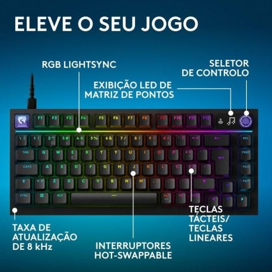 Teclado Logitech G316 X 75% com ecrã LED, RGB LIGHTSYNC e switches táteis intercambiáveis, teclas PBT