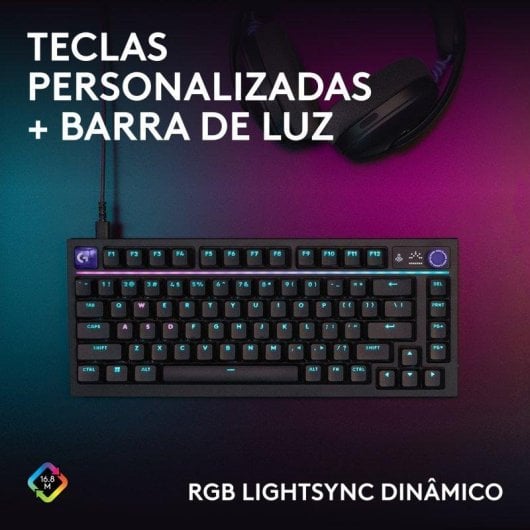 Teclado Logitech G316 X 75% com ecrã LED, RGB LIGHTSYNC e switches táteis intercambiáveis, teclas PBT