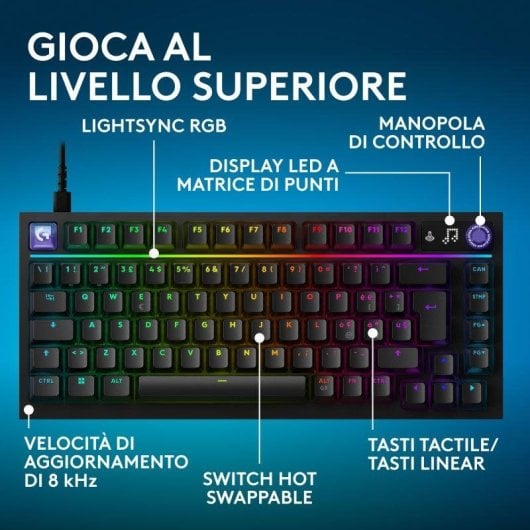 Tastiera Logitech G316 X 75% gaming 8 kHz switches tattili intercambiabili RGB Layout IT