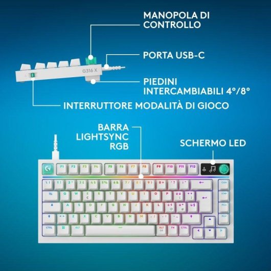 Tastiera Logitech G316 X 75 bianca con schermo LED, switch tattili intercambiabili e RGB