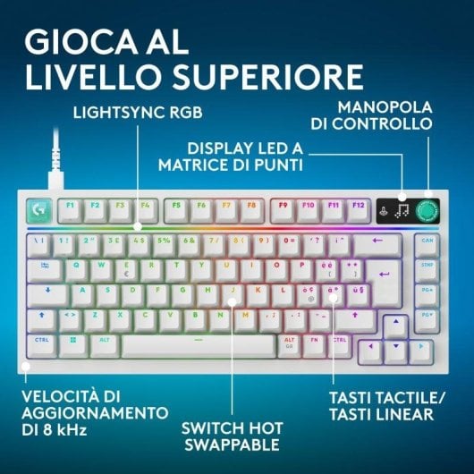 Tastiera Logitech G316 X 75 bianca con schermo LED, switch tattili intercambiabili e RGB