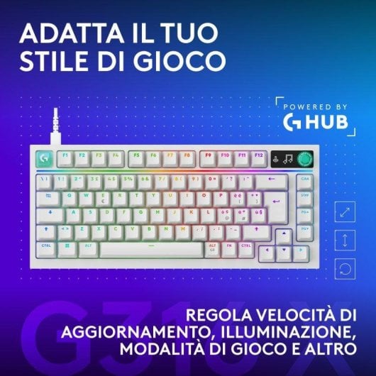 Tastiera Logitech G316 X 75 bianca con schermo LED, switch tattili intercambiabili e RGB