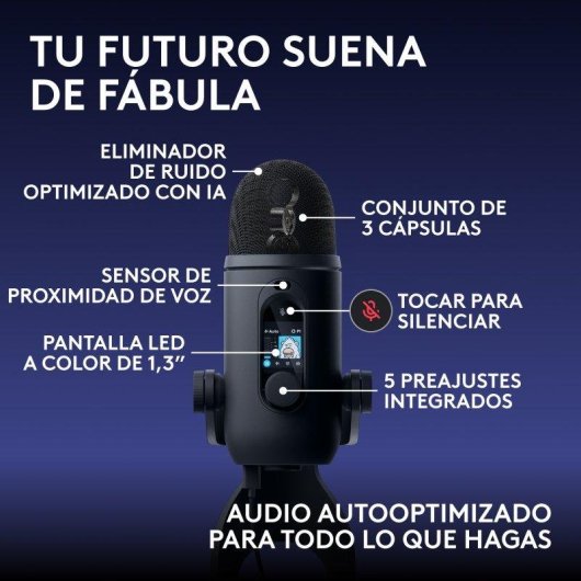 Micrófono Logitech G Blue Yeti 2 USB condensador con IA y sensor de proximidad