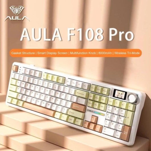 Teclado Aula F108 Pro Trimodo RGB Switch Linear com Ecrã LCD e Bateria 8000mAh