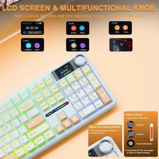 Teclado mecánico inalámbrico Aula F108 Pro con pantalla LCD e iluminación RGB US ANSI