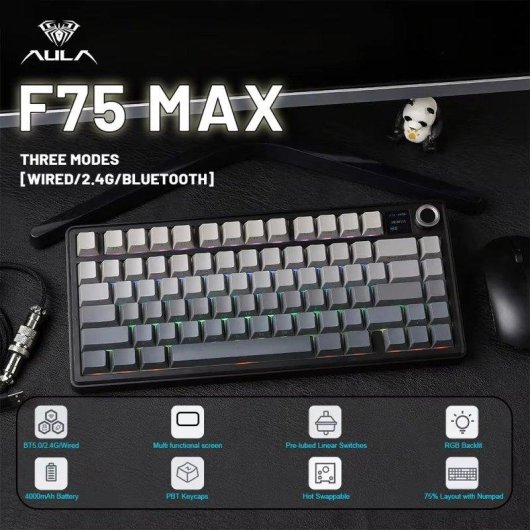 Teclado Aula F75 Max Tri-mode Compacto US ANSI RGB com ecrã TFT e switches Reaper