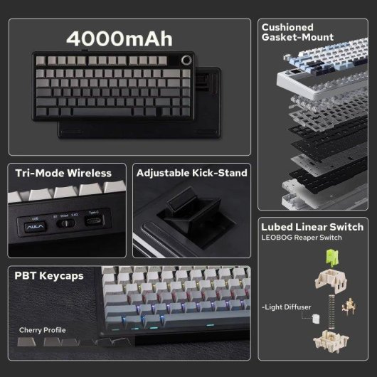 Teclado Aula F75 Max Tri-mode Compacto US ANSI RGB com ecrã TFT e switches Reaper