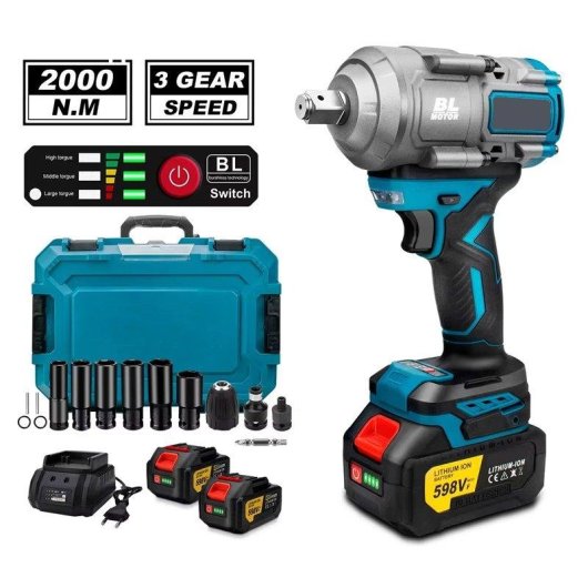 Llave de Impacto Autrucker 2000 Nm 18V Sin Escobillas con 2 Baterías 3.0Ah y Maletín