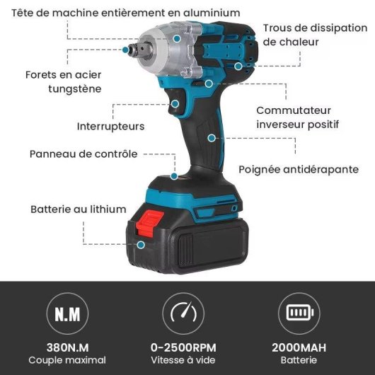 Clé a chocs sans fil Autrucker 21V 380 Nm Brushless