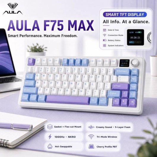 Tastatur Aula F75 Max 75% kabellos TFT-Display Drehregler RGB US ANSI