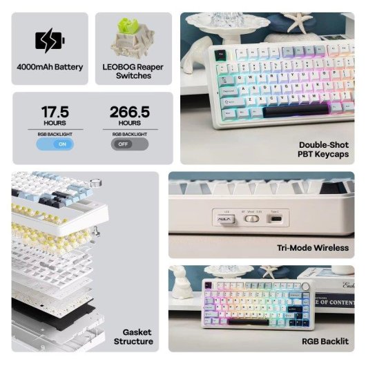 Teclado Aula F75 Tri-modo RGB Hot-swap Switch Reaper Layout US ANSI