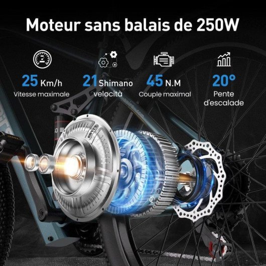 Bicicleta Eléctrica Aairsk 26 Pulgadas Motor 250W Batería 36V 13Ah 21 Velocidades Azul