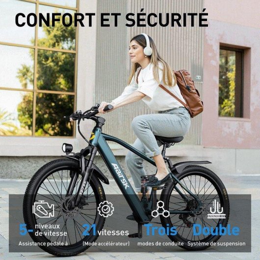 Bicicleta Eléctrica Aairsk 26 Pulgadas Motor 250W Batería 36V 13Ah 21 Velocidades Azul