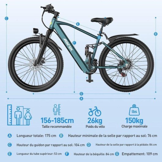Bicicleta Eléctrica Aairsk 26 Pulgadas Motor 250W Batería 36V 13Ah 21 Velocidades Azul