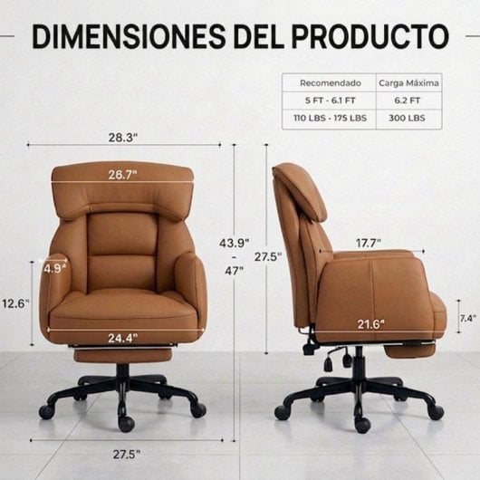 Chaise de bureau Welltin 90-135 repos bras tournants simili cuir marron