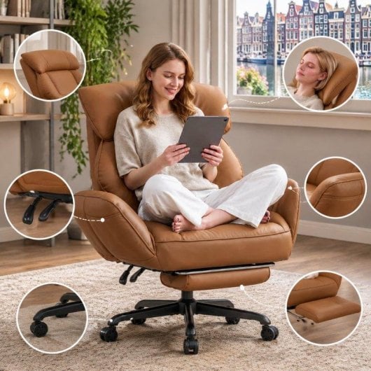 Chaise de bureau Welltin 90-135 repos bras tournants simili cuir marron