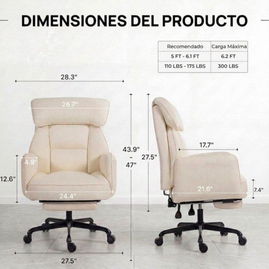 Chaise de bureau Welltin 90°-135°, accoudoirs pivotants, cuir synthétique blanc