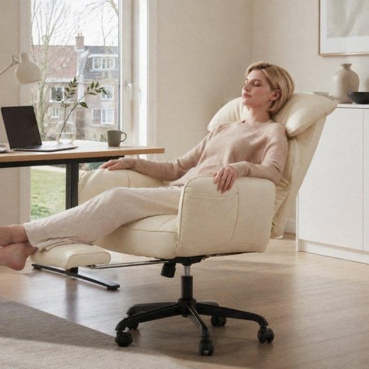 Chaise de bureau Welltin 90°-135°, accoudoirs pivotants, cuir synthétique blanc