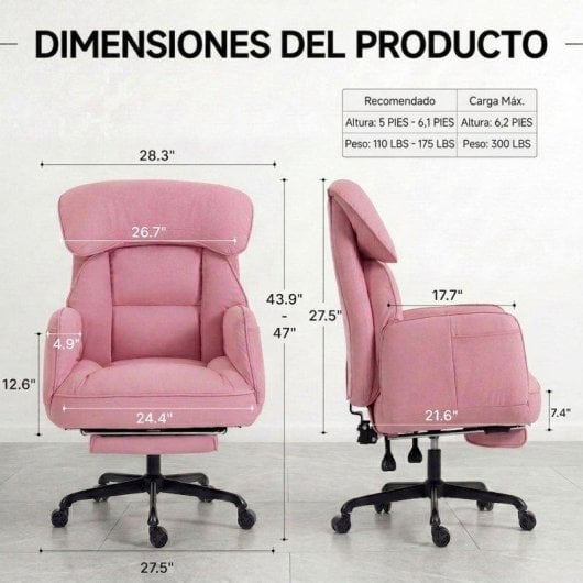 Chaise de bureau Welltin 90-135deg accoudoirs rotatifs Rose