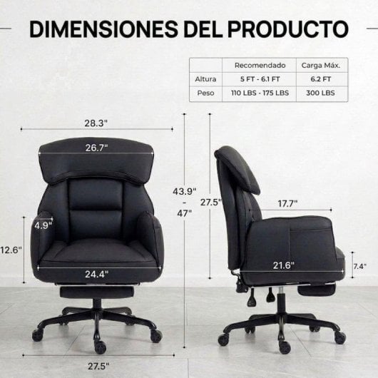 Chaise de bureau Welltin 90°-135° avec accoudoirs pivotants en cuir synthétique