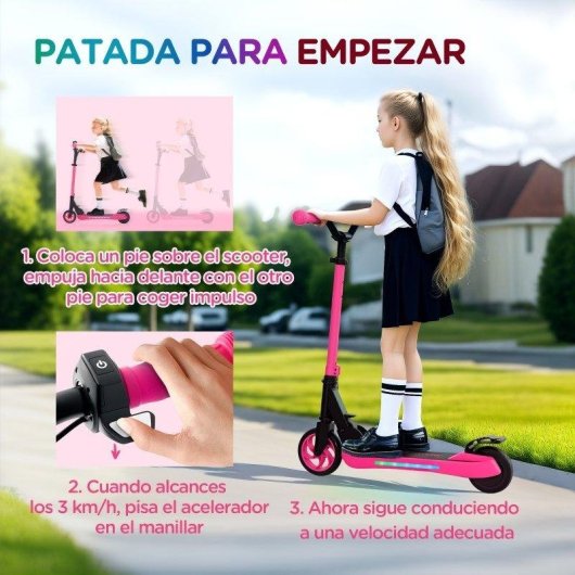 Patinete elétrico Welltin 120W autonomia 6km rodas 5,5" LED rosa dobrável
