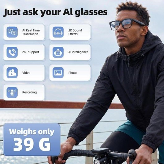 Autrucker Gafas Inteligentes Cámara 4K IA Altavoces Fotocromáticas Negras